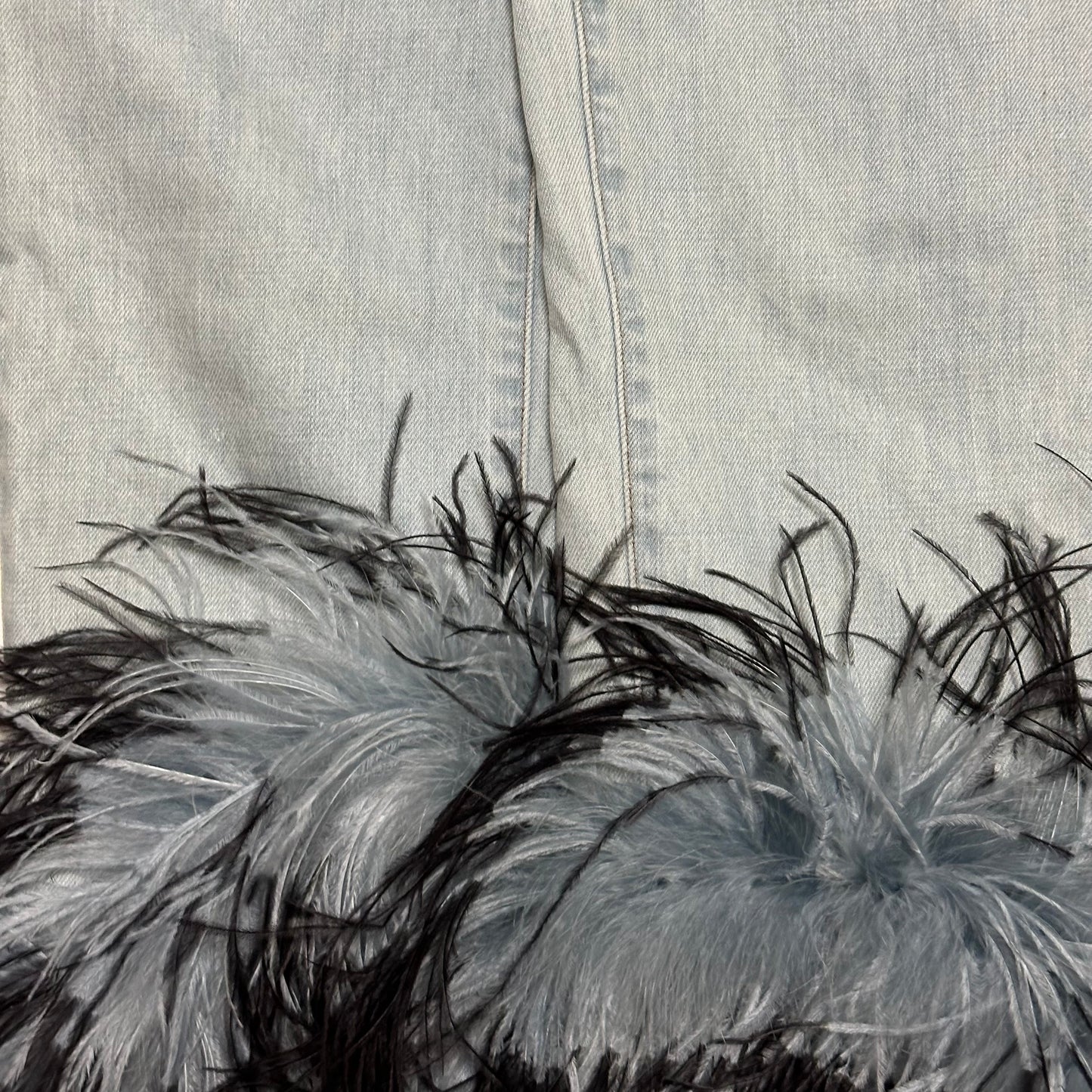 PRADA Spring Summer 2017 Ostrich Feather Trim Denim Pants