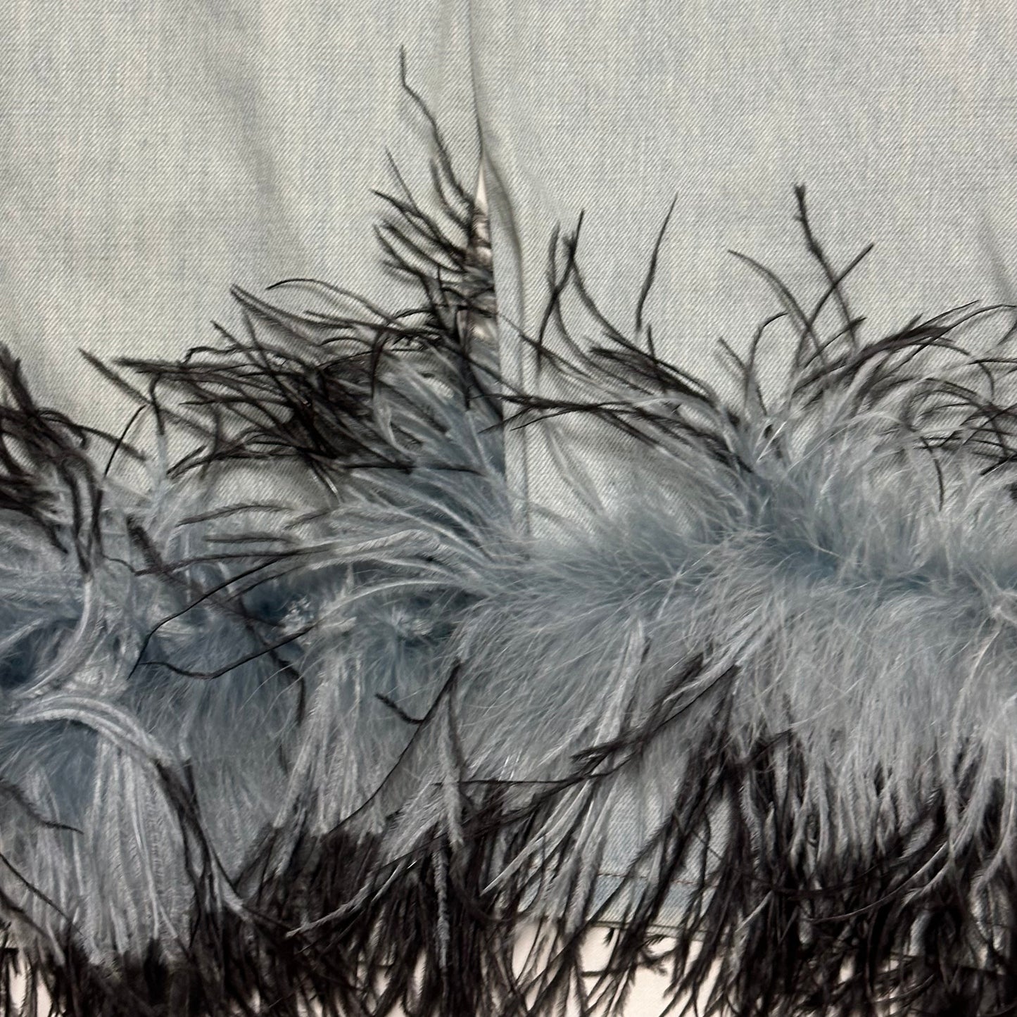 PRADA Spring Summer 2017 Ostrich Feather Trim Denim Pants