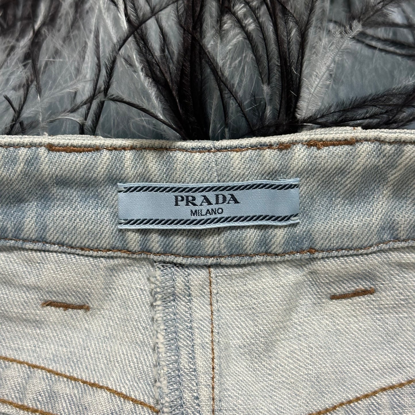 PRADA Spring Summer 2017 Ostrich Feather Trim Denim Pants