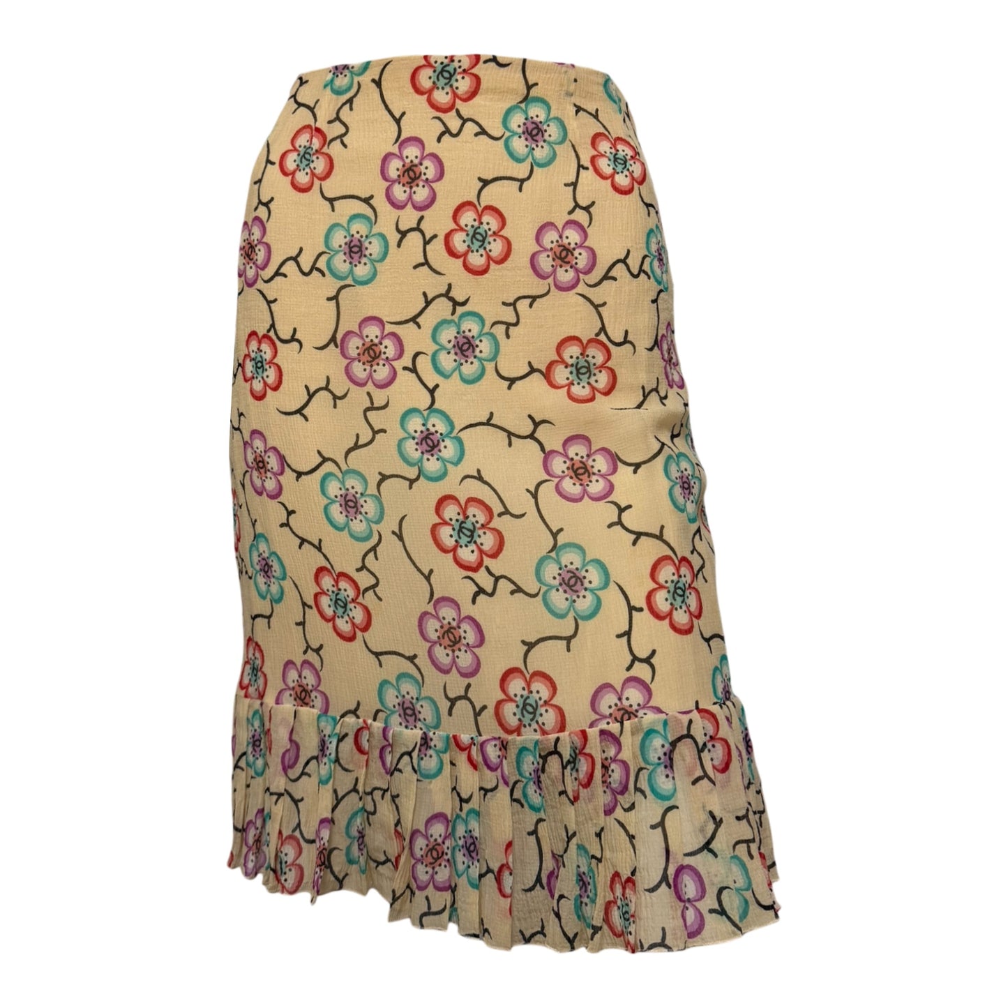 CHANEL Spring 2001 Floral Print Pleated Hem Skirt