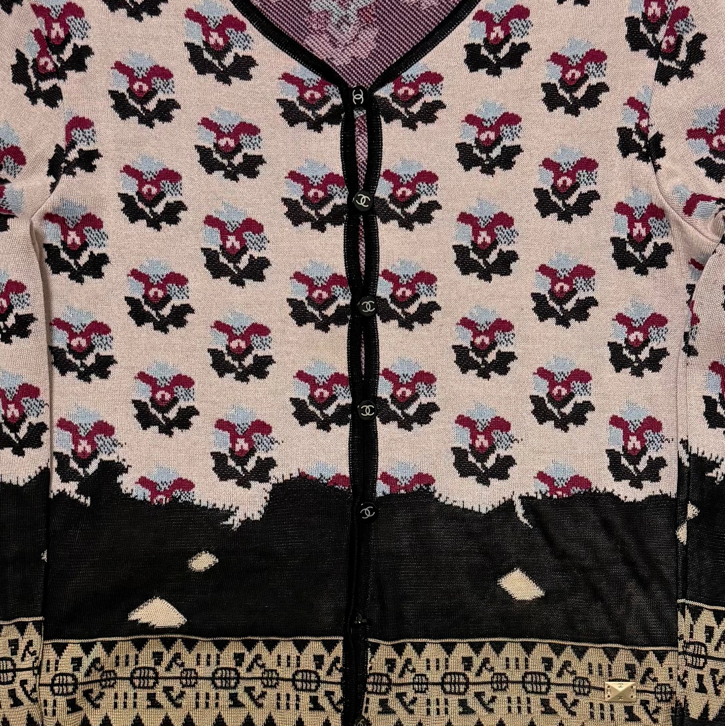 CHANEL Fall Winter 2003 Floral Motif Knit Cardigan with Fringe-Trimmed Sleeves