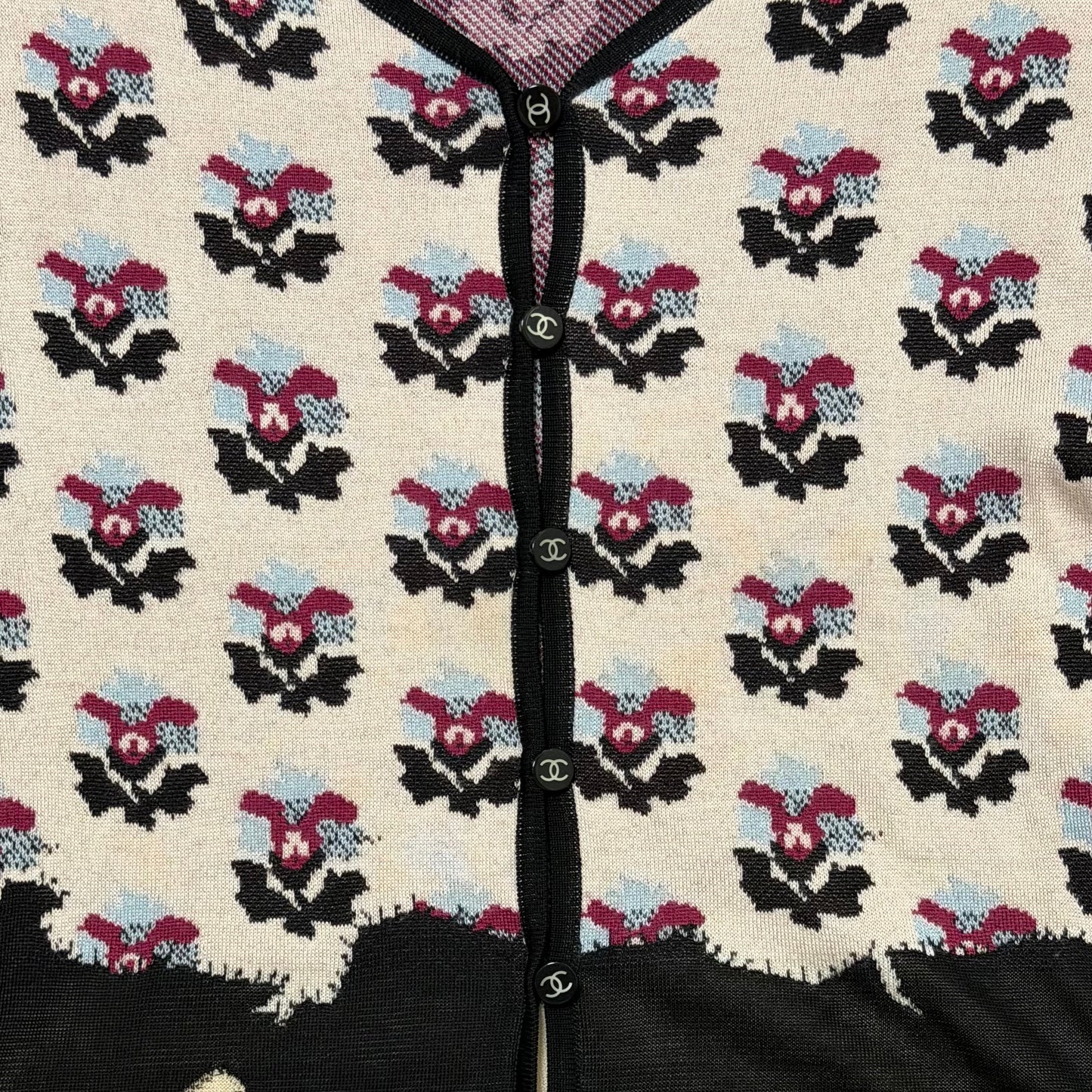 CHANEL Fall Winter 2003 Floral Motif Knit Cardigan with Fringe-Trimmed Sleeves