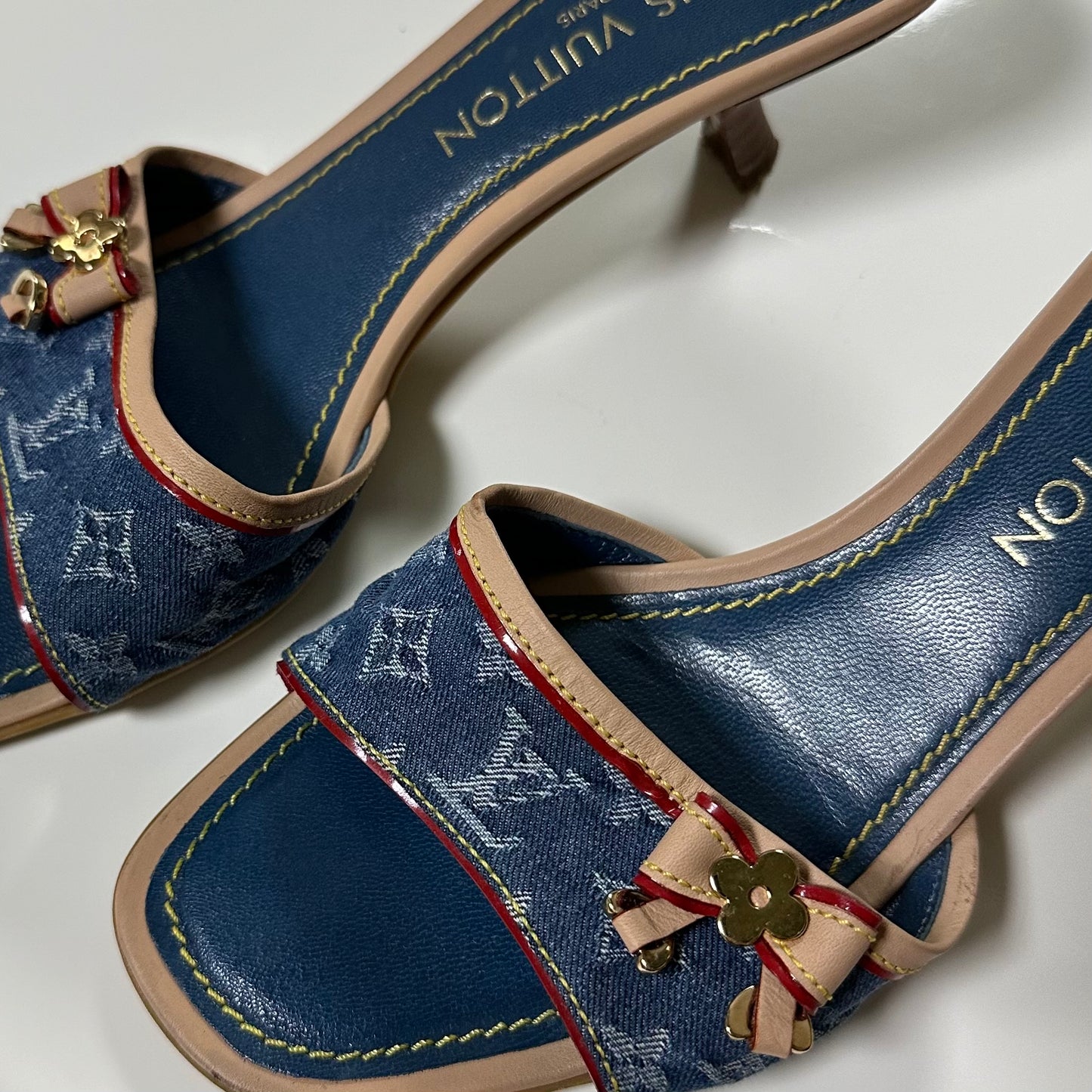 LOUIS VUITTON Monogram Denim Leather Bow Slide Sandals