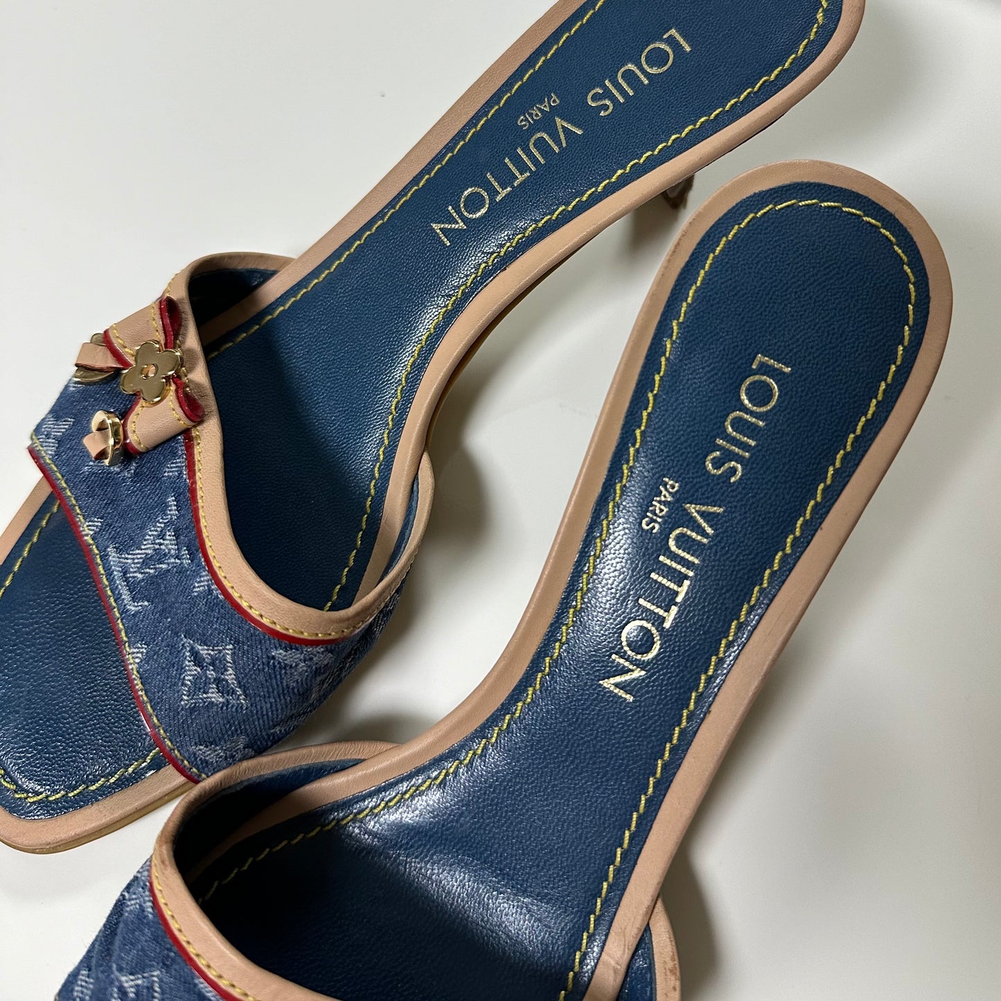 LOUIS VUITTON Monogram Denim Leather Bow Slide Sandals