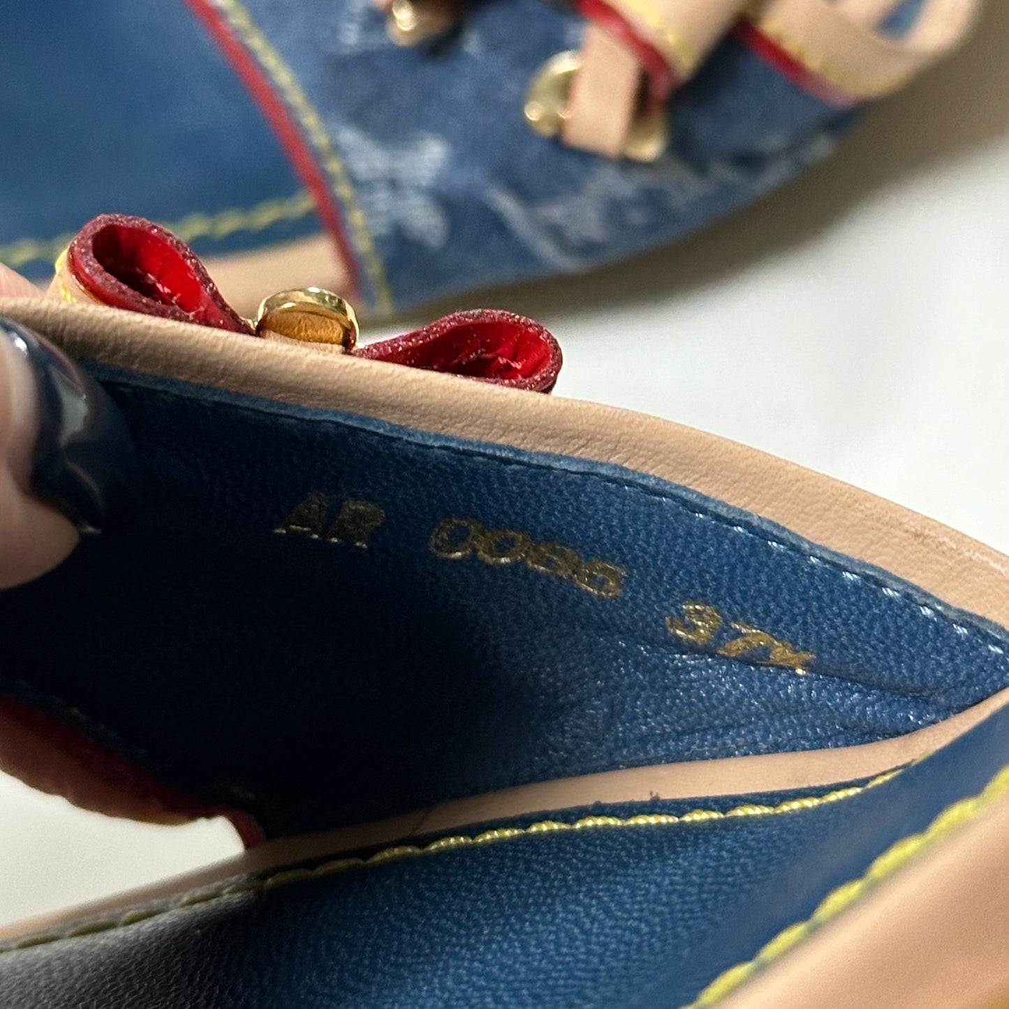 LOUIS VUITTON Monogram Denim Leather Bow Slide Sandals