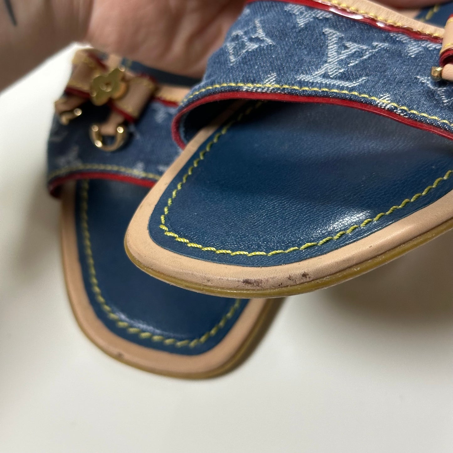 LOUIS VUITTON Monogram Denim Leather Bow Slide Sandals