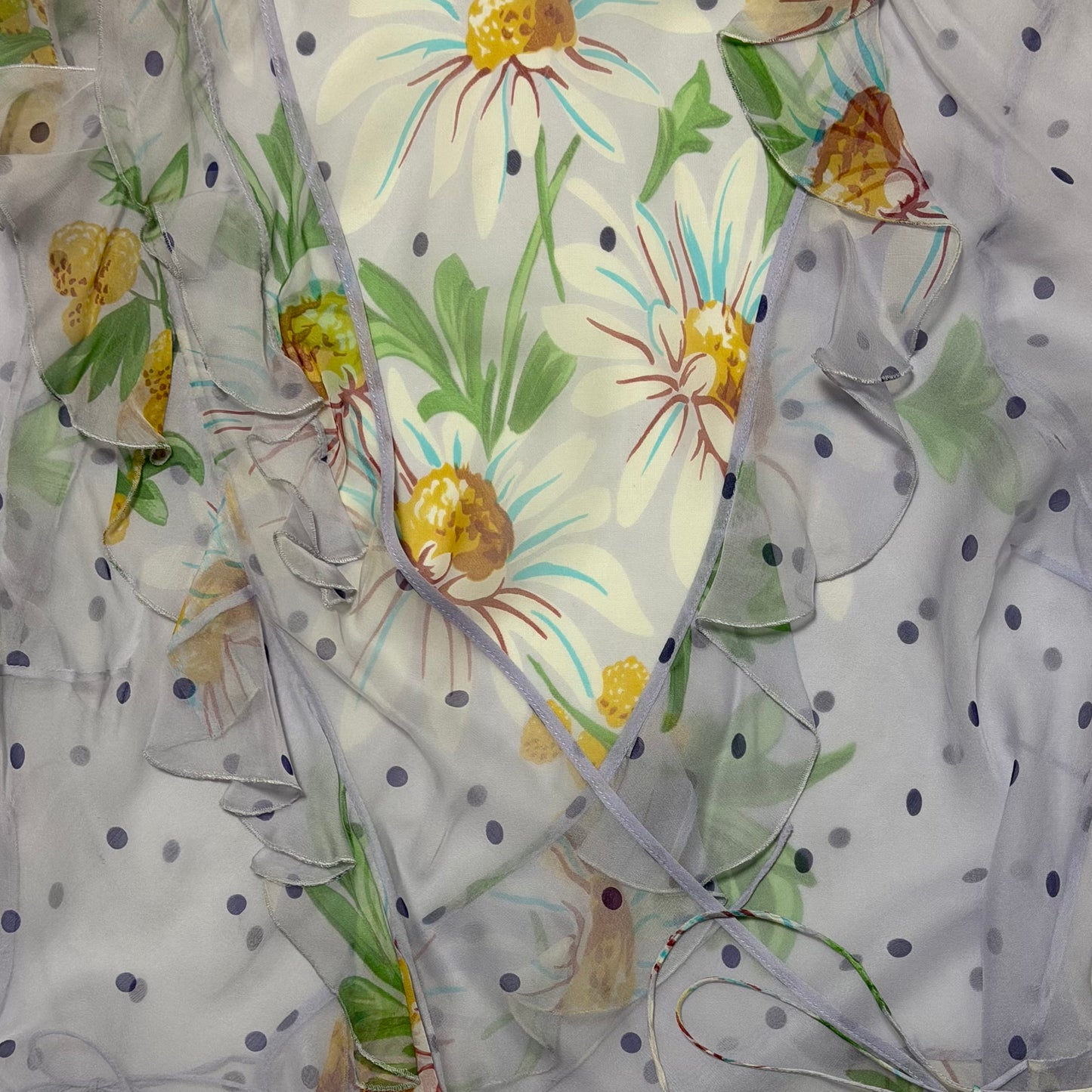 CHRISTIAN DIOR Vintage Marguerite Floral & Polka Dot Silk Chiffon Wrap Blouse