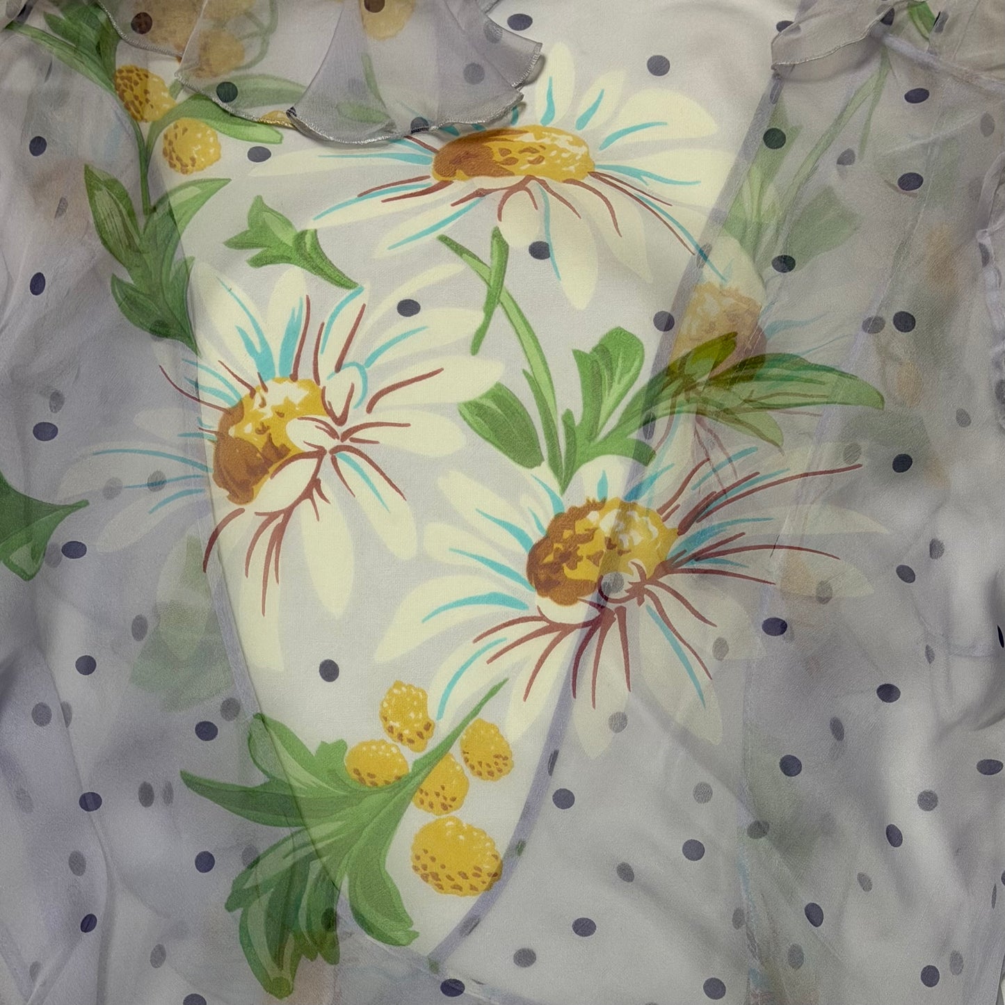 CHRISTIAN DIOR Vintage Marguerite Floral & Polka Dot Silk Chiffon Wrap Blouse