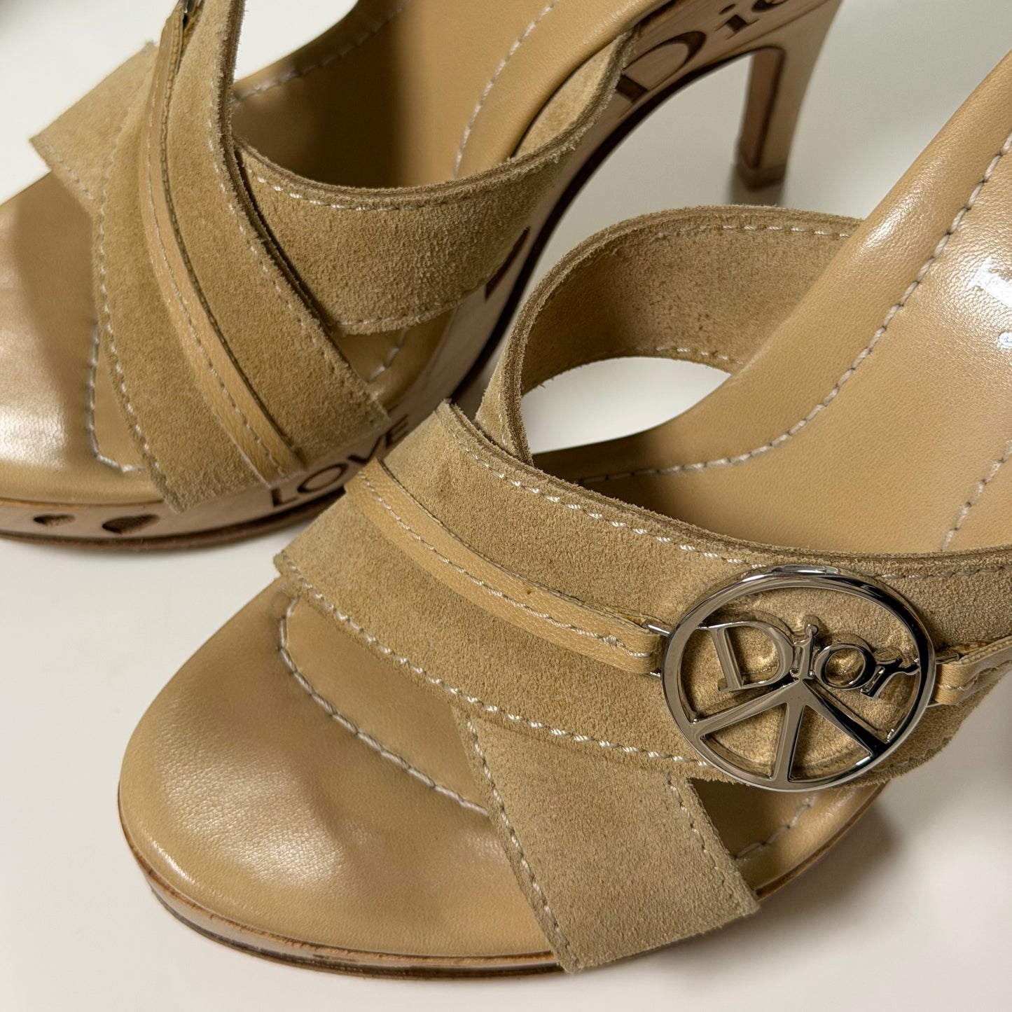 CHRISTIAN DIOR Vintage Peace & Love Suede Wooden Platform Sandals
