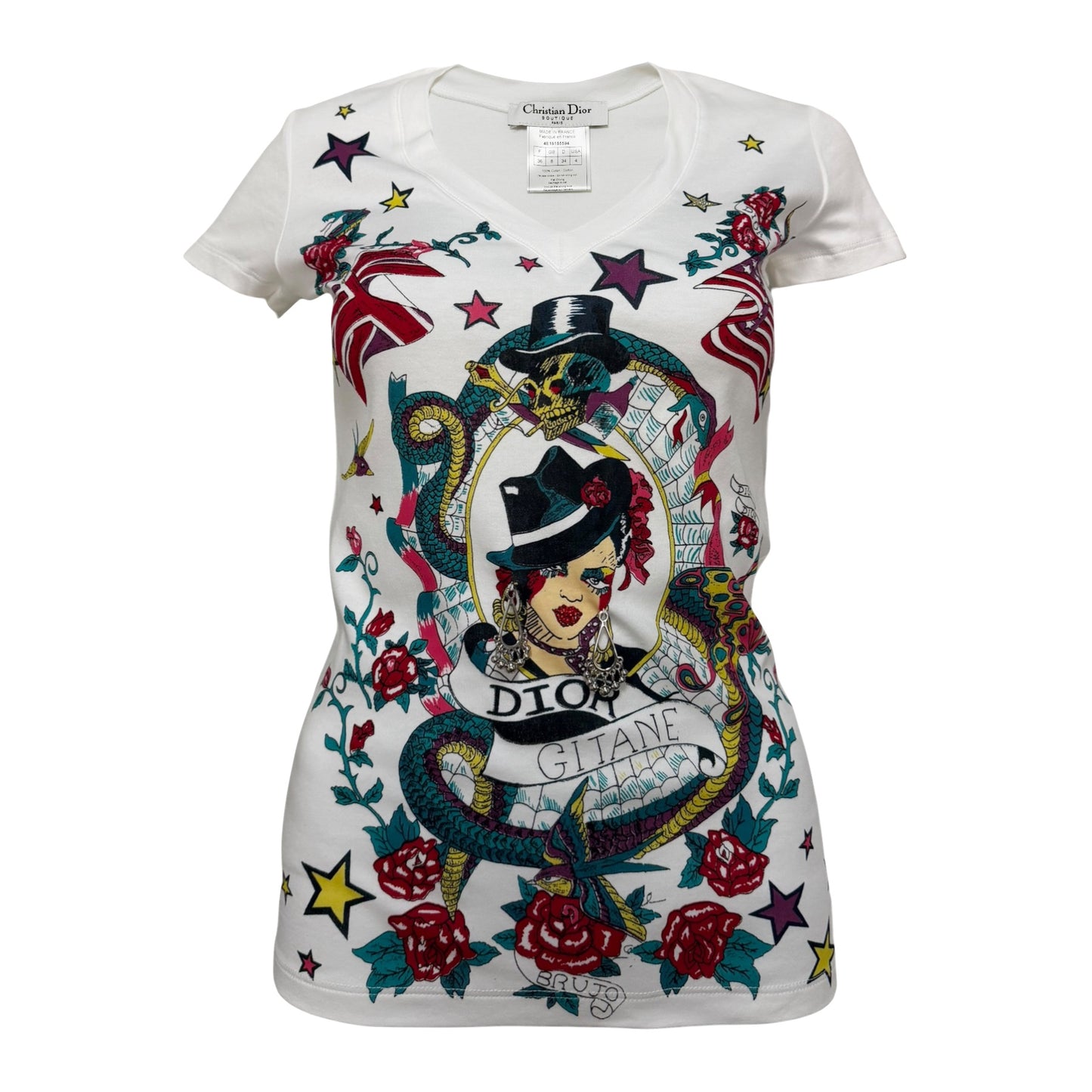 CHRISTIAN DIOR Spring 2004 Gitane Tatoo Print T-Shirt with Earrings Detail