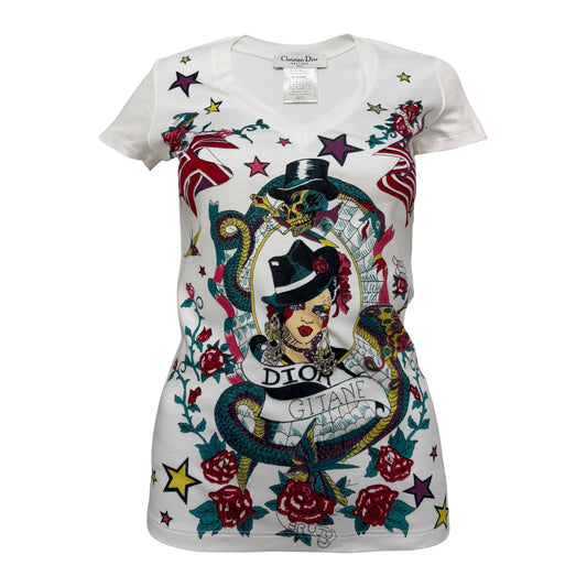 CHRISTIAN DIOR Spring 2004 Gitane Tatoo Print T-Shirt with Earrings Detail