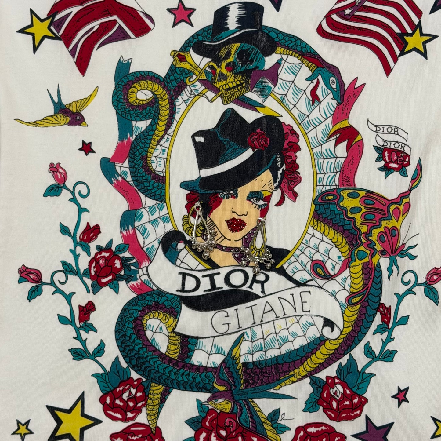 CHRISTIAN DIOR Spring 2004 Gitane Tatoo Print T-Shirt with Earrings Detail