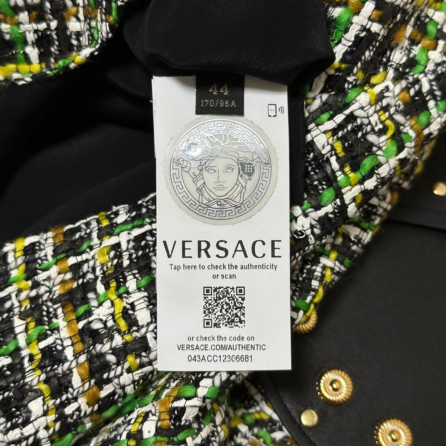VERSACE Resort 2020 Studded Leather Tweed Mini Dress