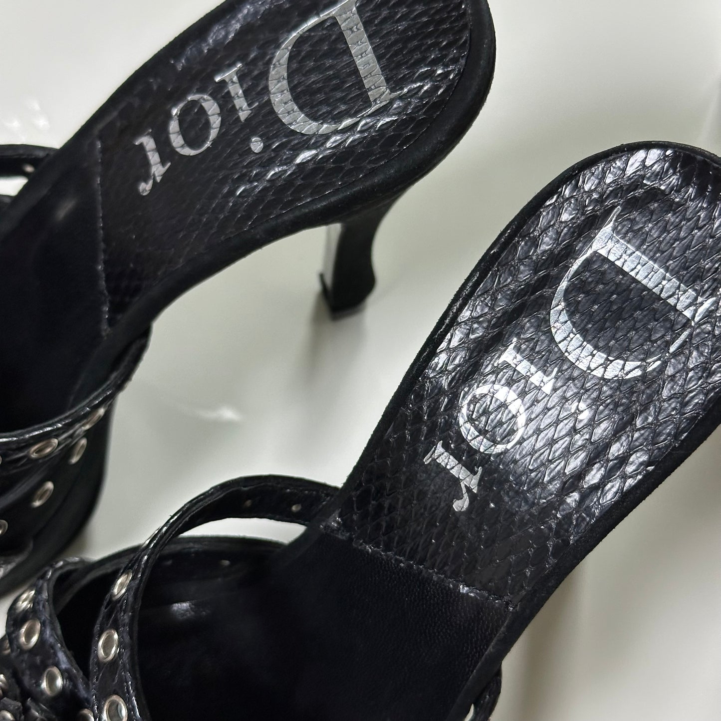 CHRISTIAN DIOR Spring Summer 2003 Suede & Python Grommet Flower Platform Heel Sandals