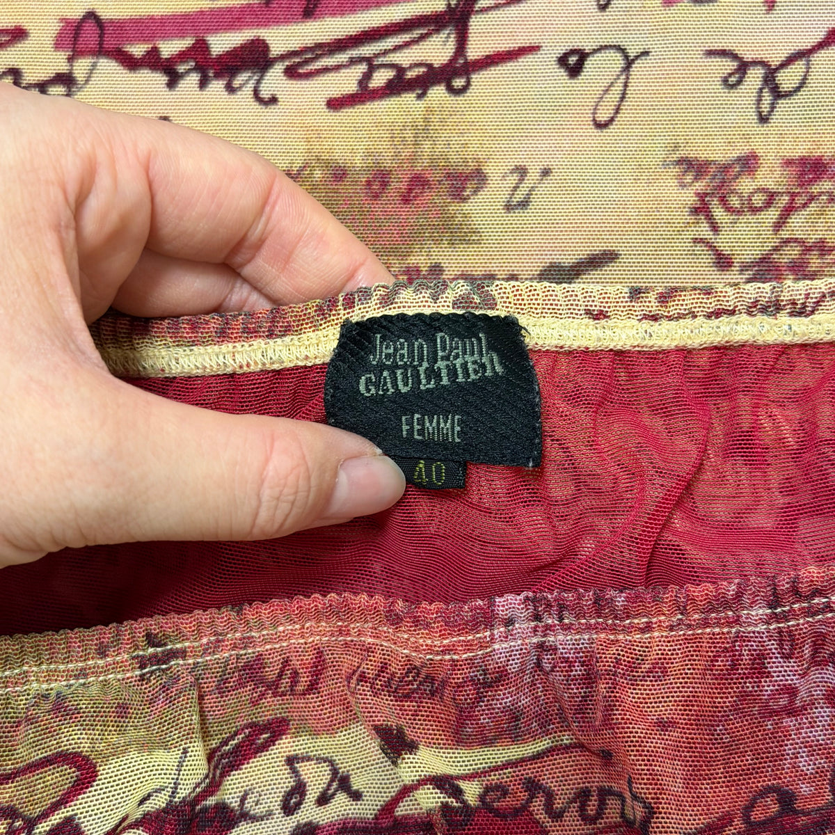 JEAN PAUL GAULTIER Spring Summer 1998 Text Calligraphy Spanish Mesh Maxi Skirt