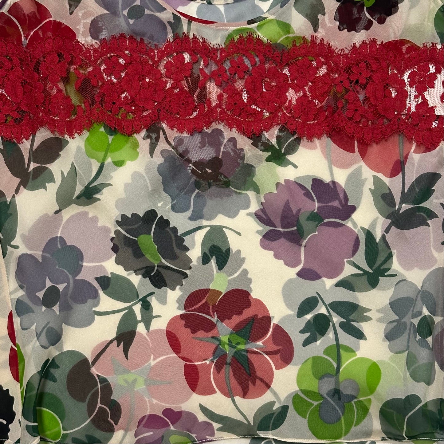 CHRISTIAN DIOR Fall Winter 2001 Floral Print Silk Tank Top with Lace Panel