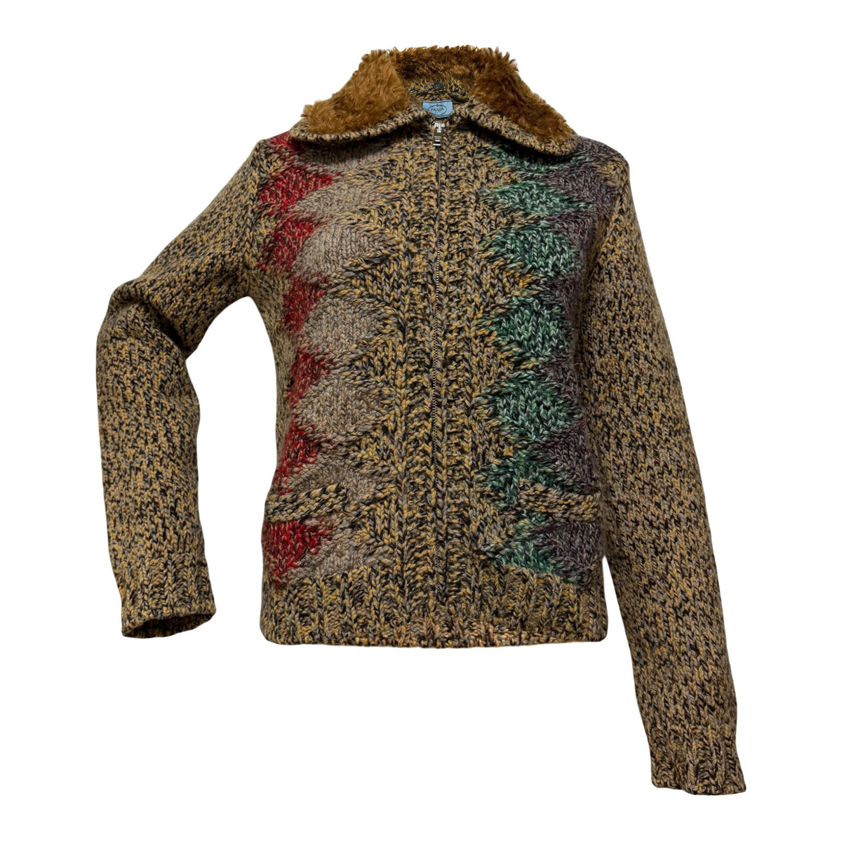 PRADA Fall 2016 Knit Detachable Fur-Collar Zip-Up Cardigan
