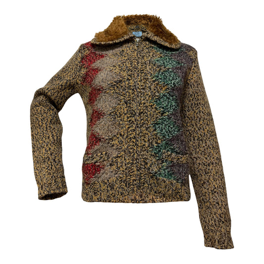 PRADA Fall 2016 Knit Detachable Fur-Collar Zip-Up Cardigan
