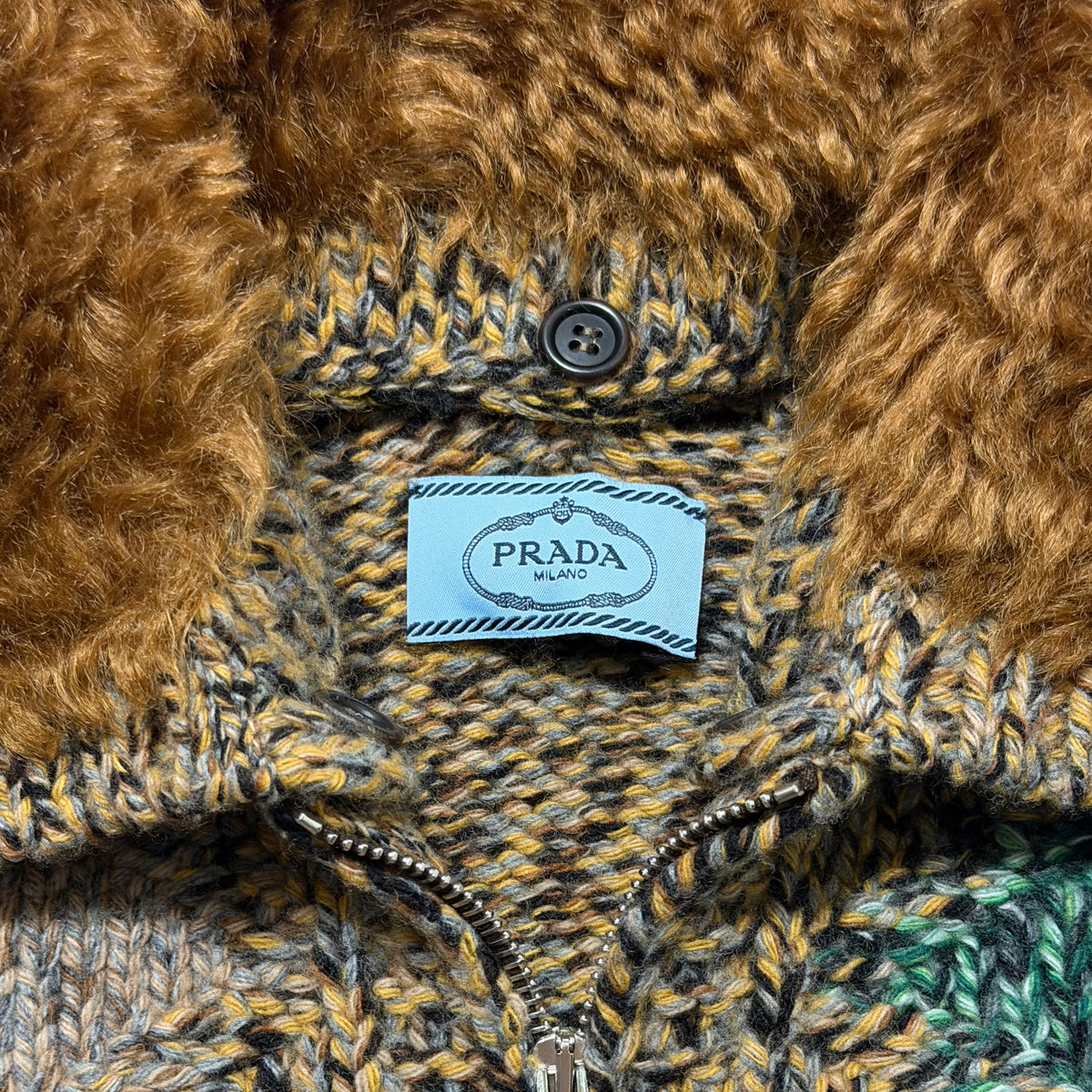 PRADA Fall 2016 Knit Detachable Fur-Collar Zip-Up Cardigan