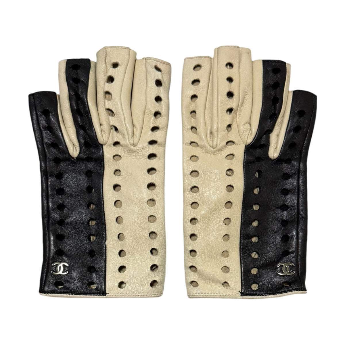 Chanel Vintage Perforated Fingerless Leather Gloves