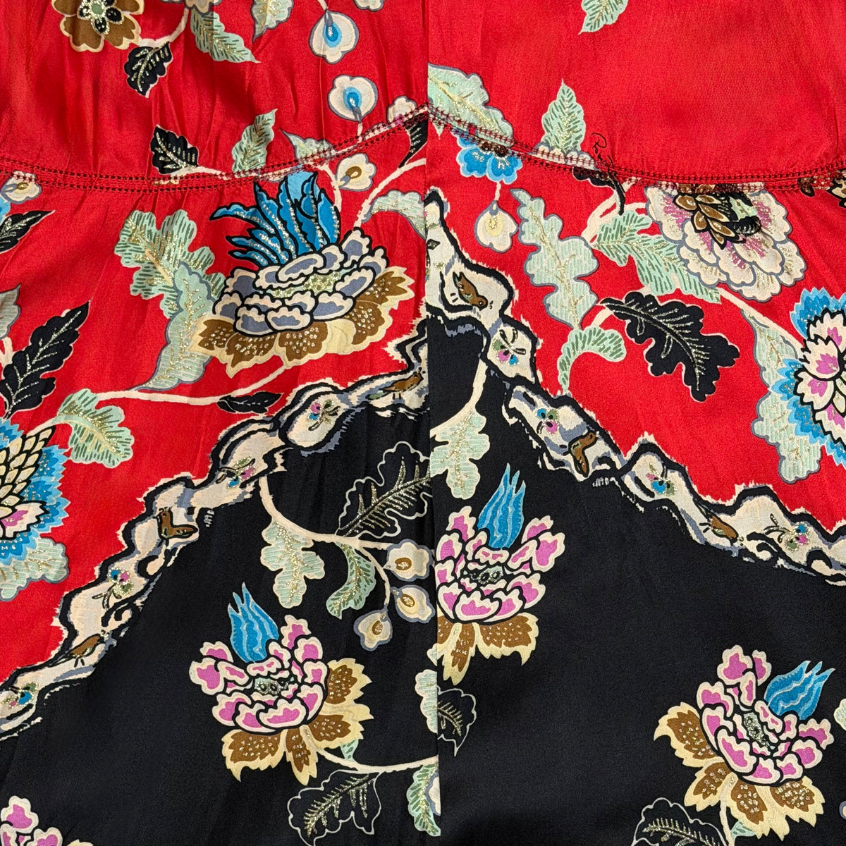 ROBERTO CAVALLI Spring 2003 Silk Chinoiserie Floral Print Skirt