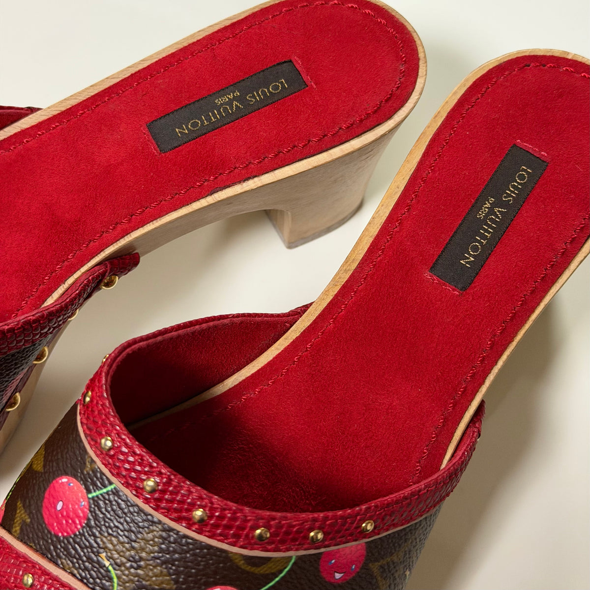 LOUIS VUITTON × TAKASHI MURAKAMI Spring Summer 2005 Cherry Monogram Wooden Platform Sandals