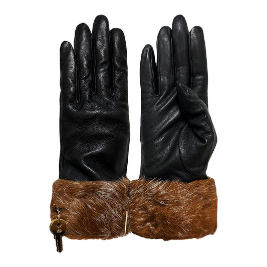 CHRISTIAN DIOR Fur Trim Leather Gloves with Lock and Key Charm