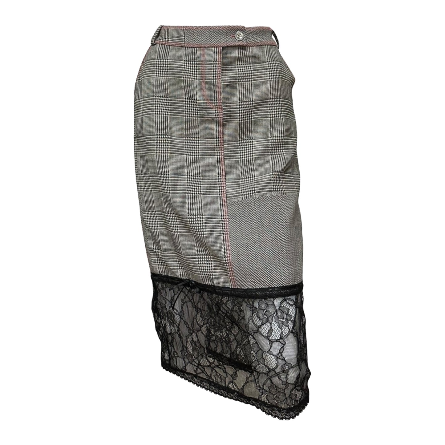 CHRISTIAN DIOR Spring Summer 2005 Houndstooth Print Lace Trim Midi Skirt