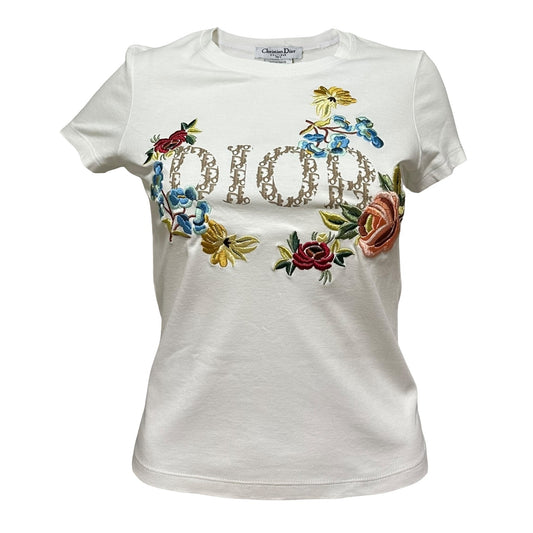 CHRISTIAN DIOR Spring Summer 2005 Diorissimo Floral Embroidered "DIOR" Trotter Logo T-Shirt