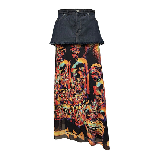 JEAN PAUL GAULTIER Spring Summer 2000 Psychedelic Print Mesh Denim Long Skirt