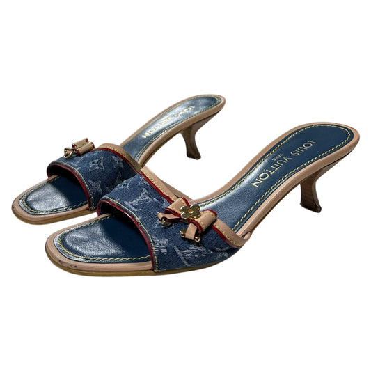 LOUIS VUITTON Monogram Denim Leather Bow Slide Sandals