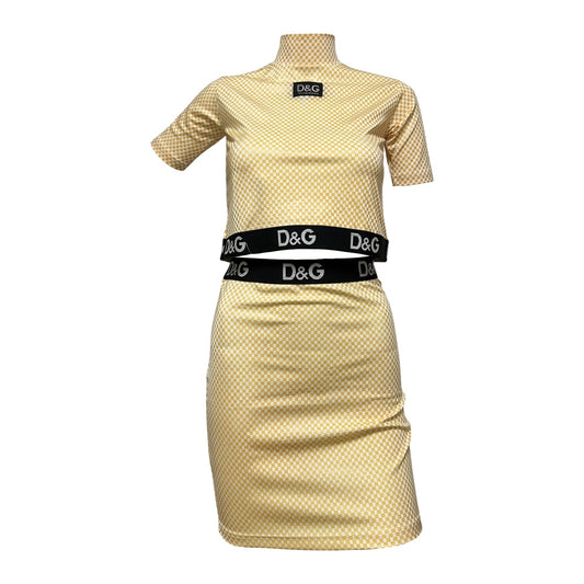 D&G 1995 Checkered Logo Trim Short Sleeve Top and High Rise Midi Skirt Set Up
