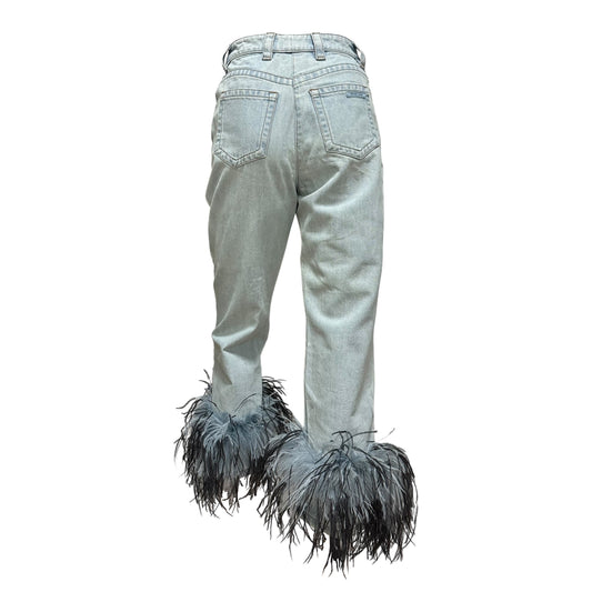 PRADA Spring Summer 2017 Ostrich Feather Trim Denim Pants