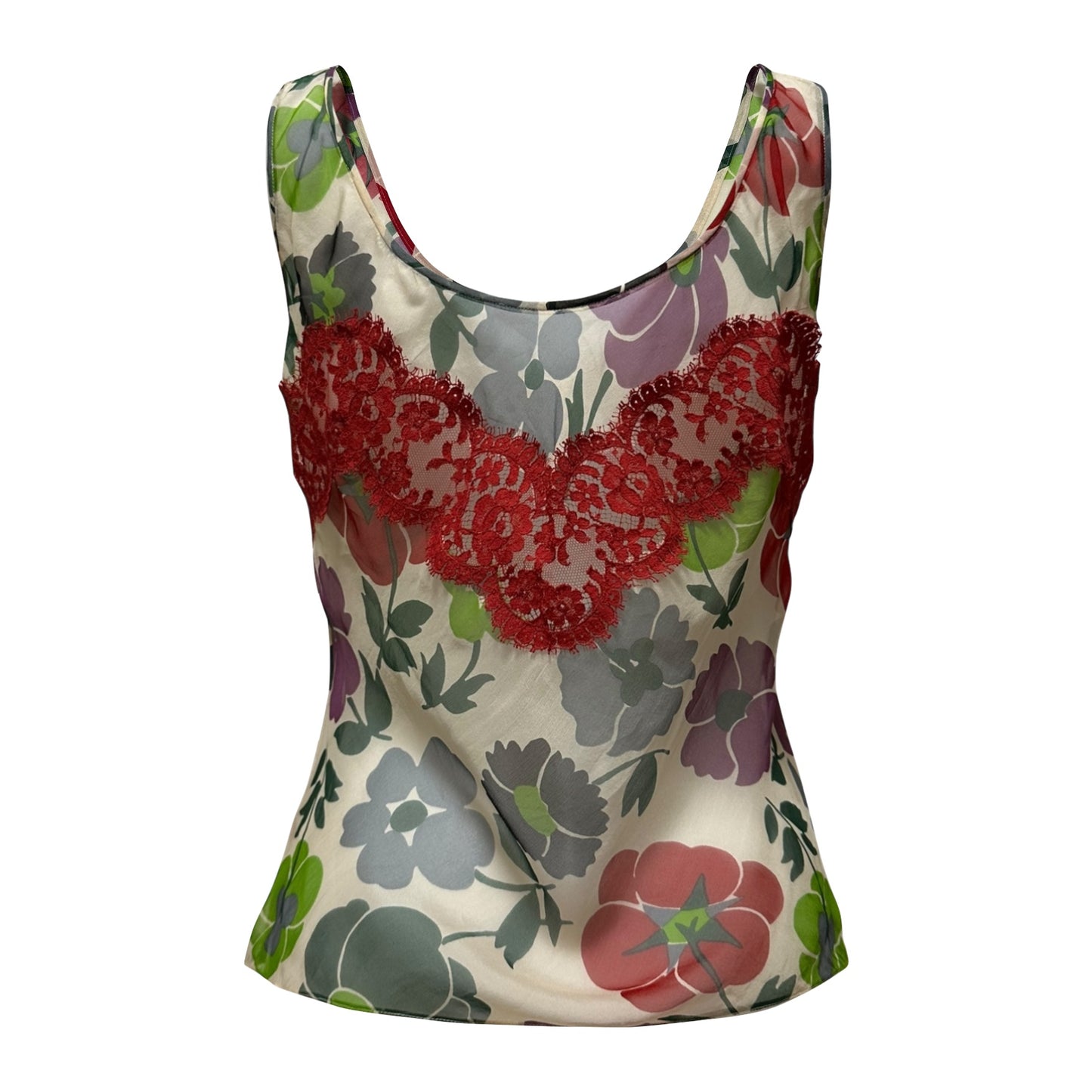 CHRISTIAN DIOR Fall Winter 2001 Floral Print Silk Tank Top with Lace Panel