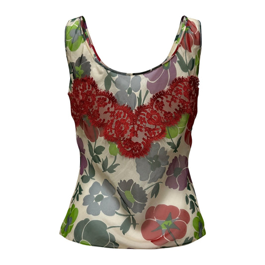 CHRISTIAN DIOR Fall Winter 2001 Floral Print Silk Tank Top with Lace Panel