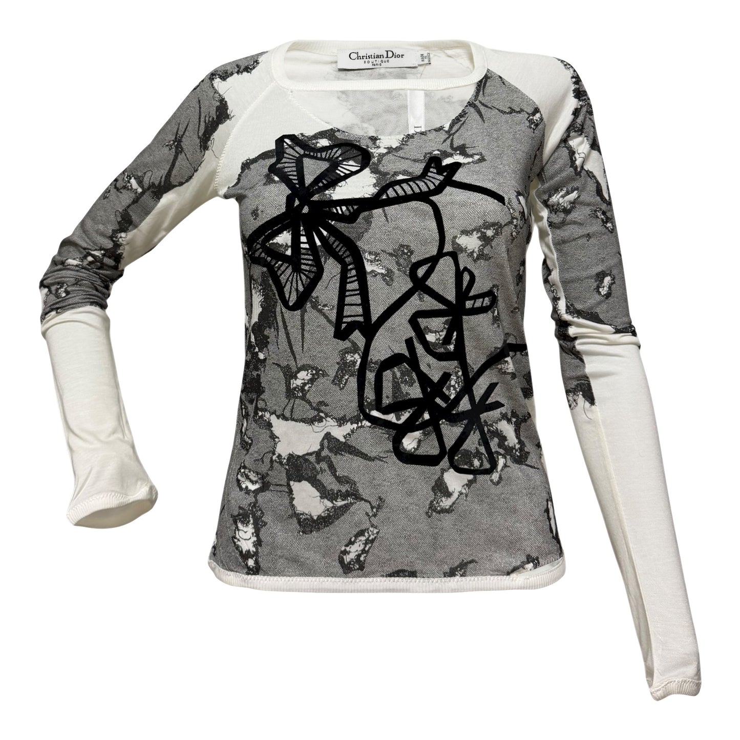 CHRISTIAN DIOR Spring Summer 2006 Lace Print Long Sleeve T-Shirt featuring Cut-Out and Ribbon Details