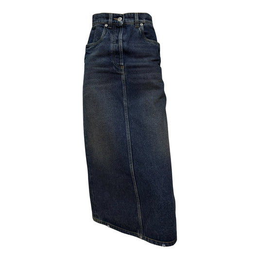 PRADA High-Waisted Denim Midi Skirt with Back Logo Plaque