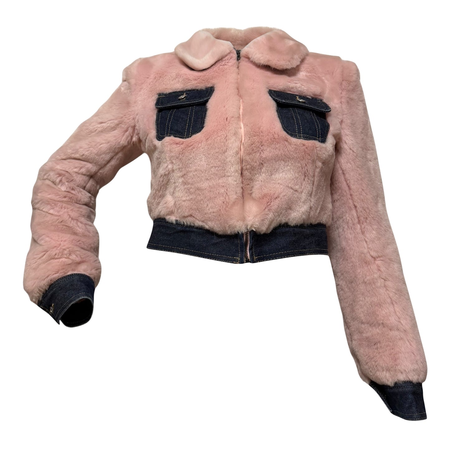 D&G Fall Winter 1999 Pink Fur & Denim Cropped Jacket