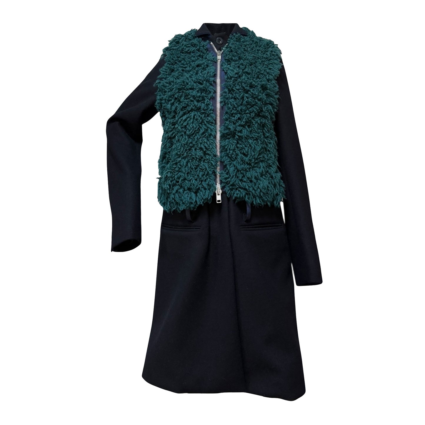 SACAI Fall Winter 2013 Shearling Vest Layered Knee-Length Coat