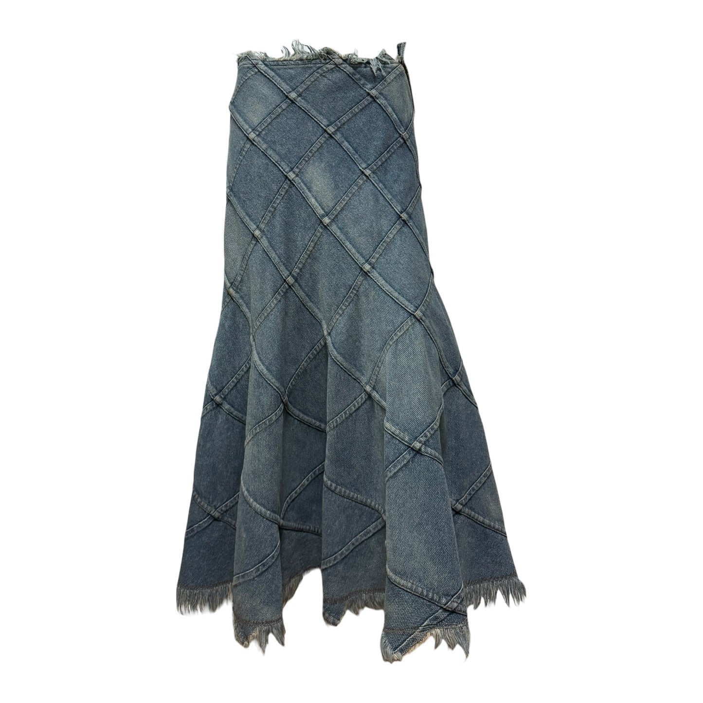 JUNYA WATANABE Spring Summer 2002 Patchwork Flared Denim Maxi Skirt with Frayed Hem