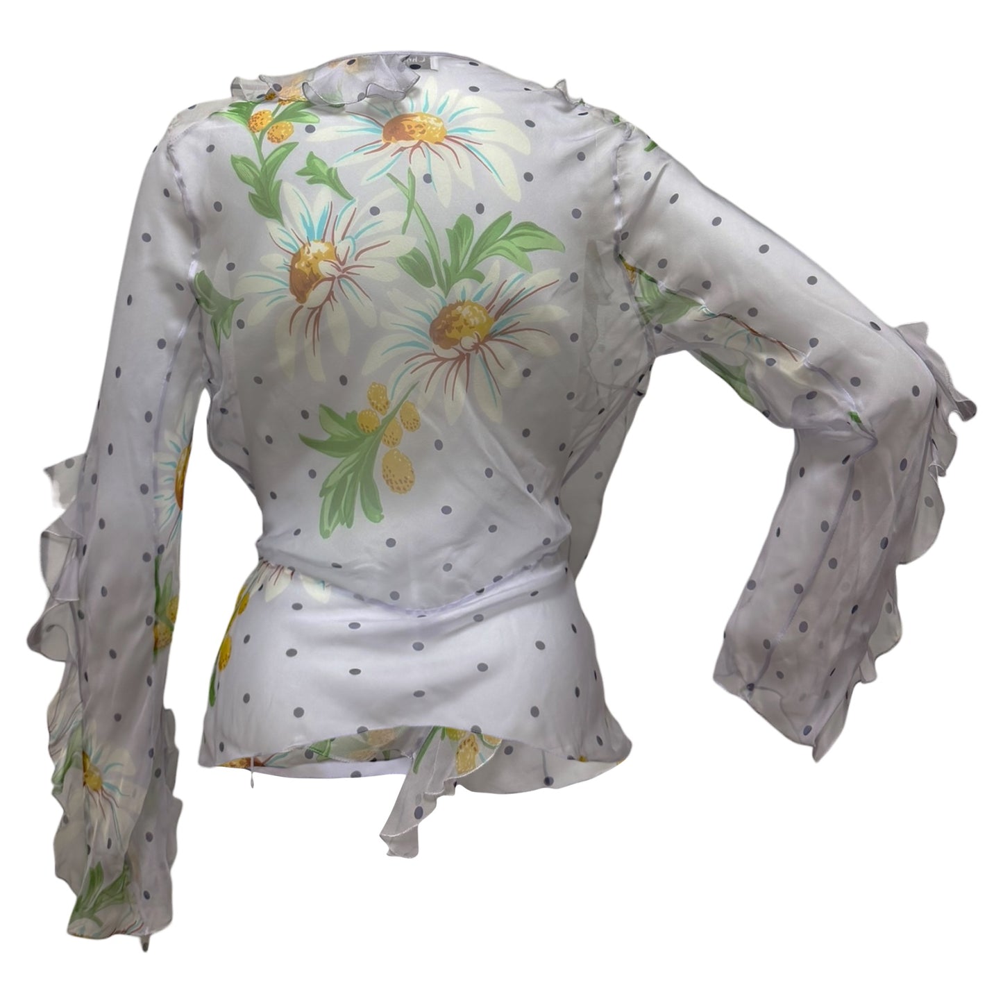 CHRISTIAN DIOR Vintage Marguerite Floral & Polka Dot Silk Chiffon Wrap Blouse