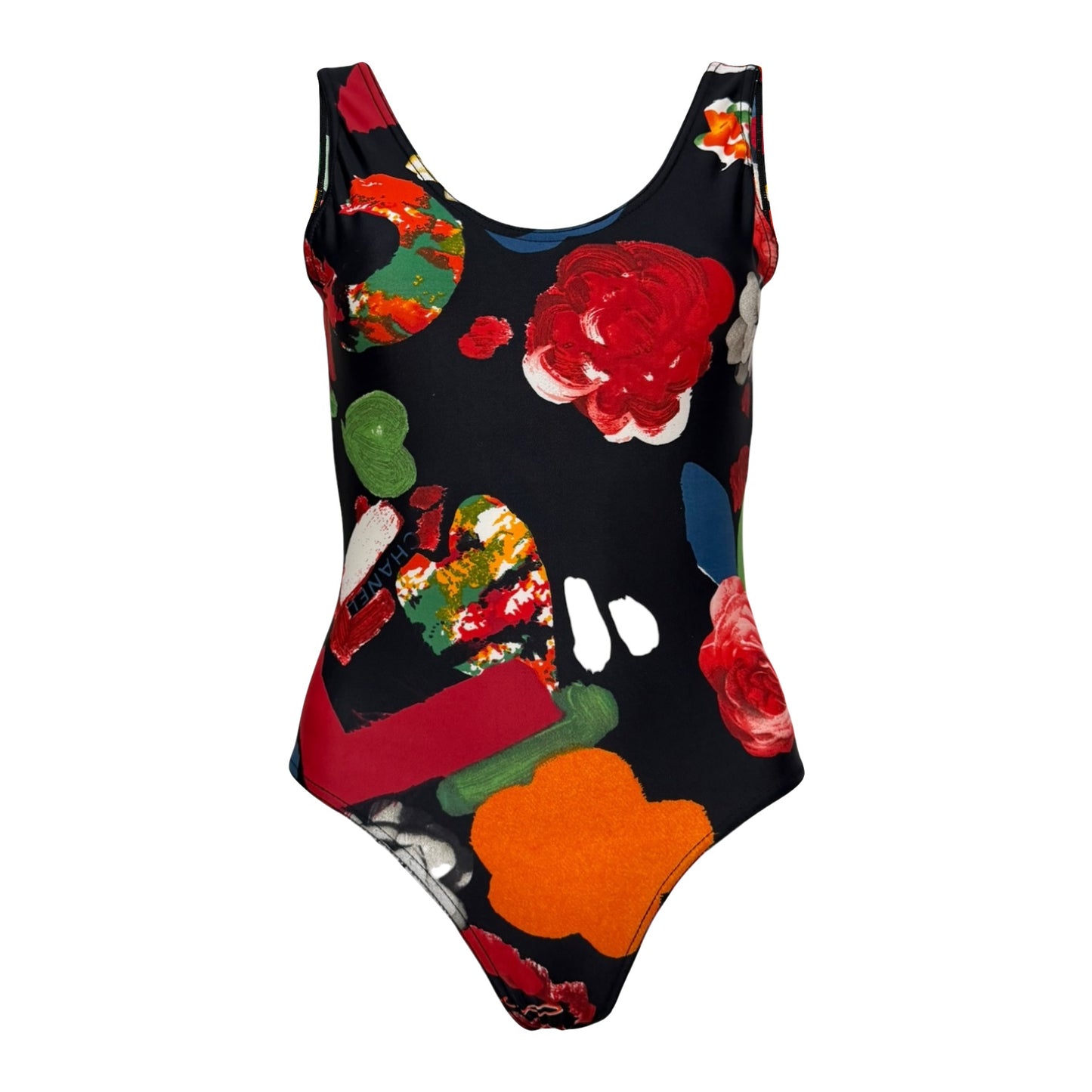 CHANEL Spring Summer 1992 Logo Abstract Floral One-Piece Swimsuit