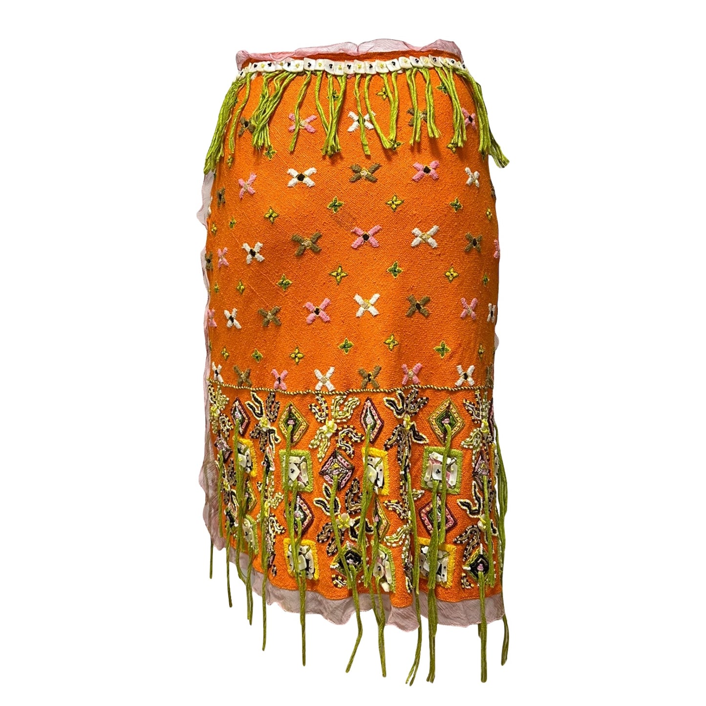 FENDI Spring Summer 2000 Floral Embroidered Fringe Beaded Chiffon Trim Midi Skirt