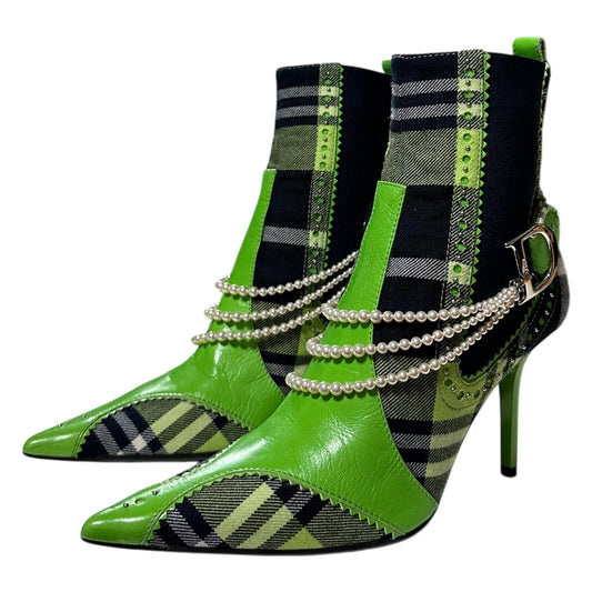 CHRISTIAN DIOR Spring Summer 2004 D'Trick Check Pearl Embellished Pointed Toe Ankle Boots