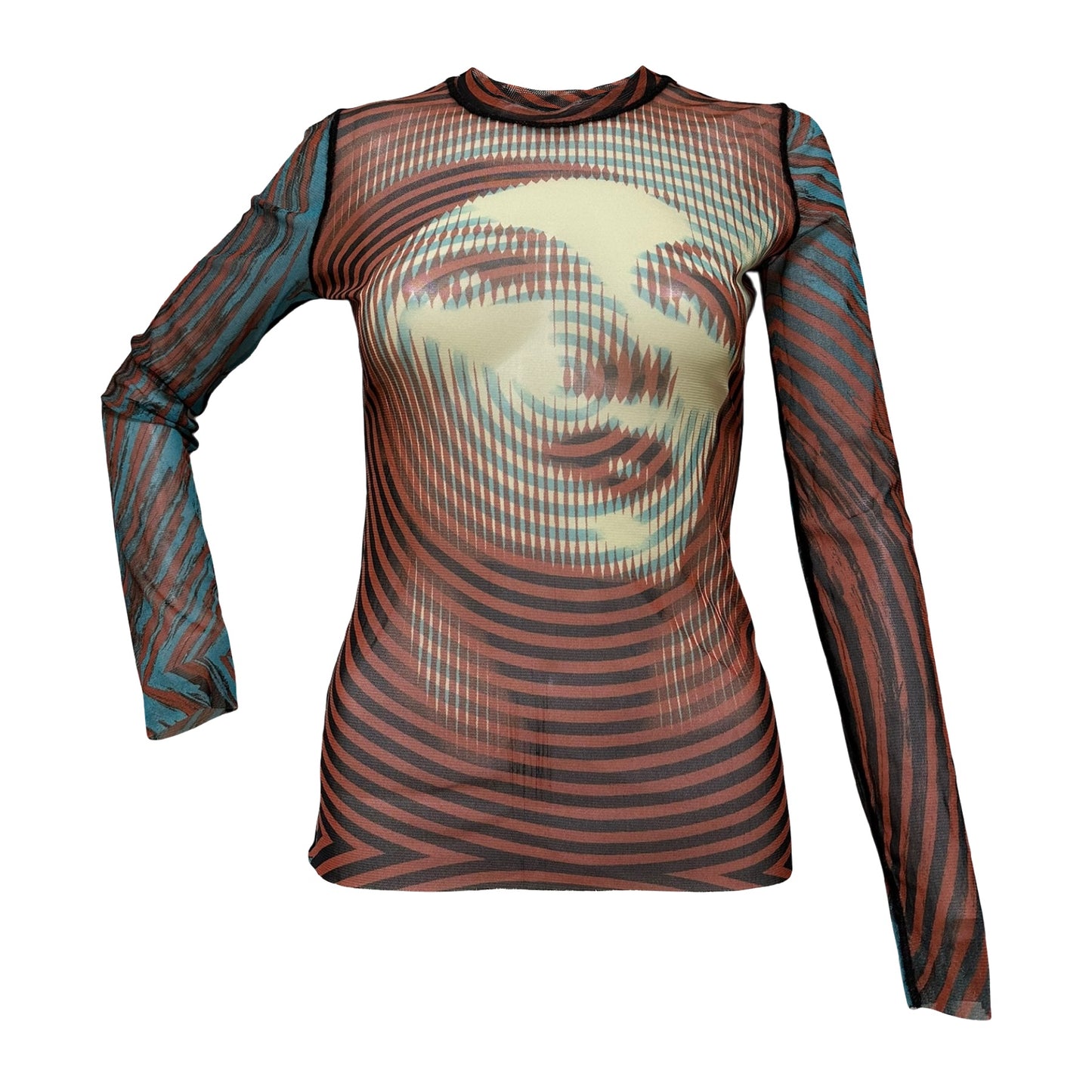 JEAN PAUL GAULTIER Fall Winter 2001 Marlene Dietrich Face Print Mesh Long Sleeve Top