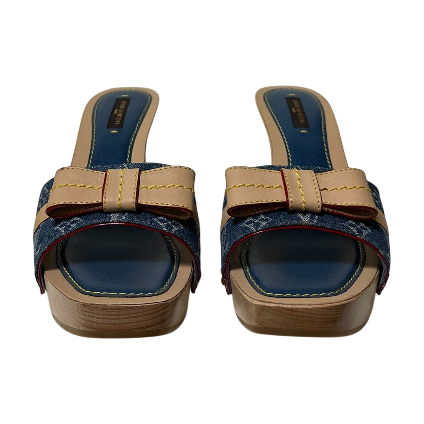 LOUIS VUITTON Monogram Denim Leather Bow Slide Platform Sandals