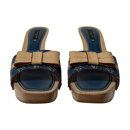 LOUIS VUITTON Monogram Denim Leather Bow Slide Platform Sandals