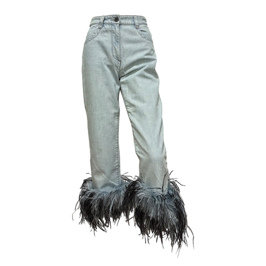 PRADA Spring Summer 2017 Ostrich Feather Trim Denim Pants