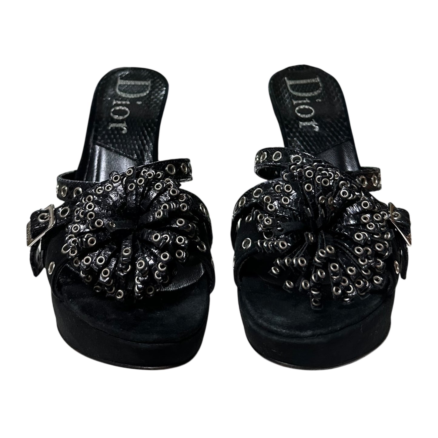 CHRISTIAN DIOR Spring Summer 2003 Suede & Python Grommet Flower Platform Heel Sandals