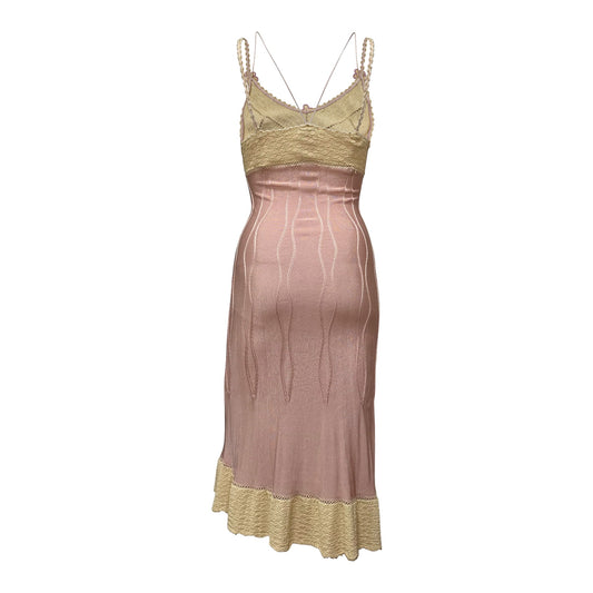 CHANEL Spring Summer 2005 Crochet Floral Trim Midi Dress
